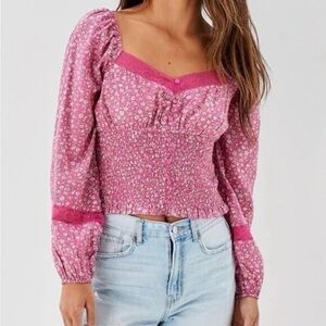 American Eagle Outfitters Pink Smocked Puff Sleeve top NWT whimsical cottagecore
